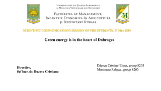 Green energy is in the heart of Dobrogea
Dăescu Cristina-Elena, group 8203
Munteanu Raluca , group 8203
Directive,
Șef lucr. dr. Buzatu Cristiana
SCIENTIFIC COMMUNICATIONS SESSION OF THE STUDENTS, 17 May 2019
 