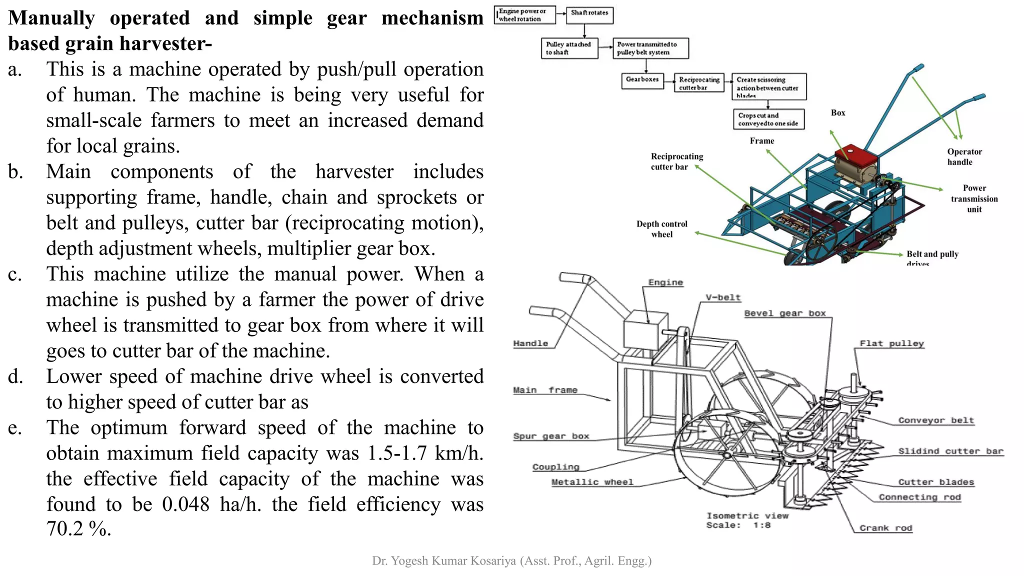 Manually operated and simple gear mechanism
based grain harvester-
a. This is a machine operated by push/pull operation
of human. The machine is being very useful for
small-scale farmers to meet an increased demand
for local grains.
b. Main components of the harvester includes
supporting frame, handle, chain and sprockets or
belt and pulleys, cutter bar (reciprocating motion),
depth adjustment wheels, multiplier gear box.
c. This machine utilize the manual power. When a
machine is pushed by a farmer the power of drive
wheel is transmitted to gear box from where it will
goes to cutter bar of the machine.
d. Lower speed of machine drive wheel is converted
to higher speed of cutter bar as
e. The optimum forward speed of the machine to
obtain maximum field capacity was 1.5-1.7 km/h.
the effective field capacity of the machine was
found to be 0.048 ha/h. the field efficiency was
70.2 %.
Dr. Yogesh Kumar Kosariya (Asst. Prof., Agril. Engg.)
 