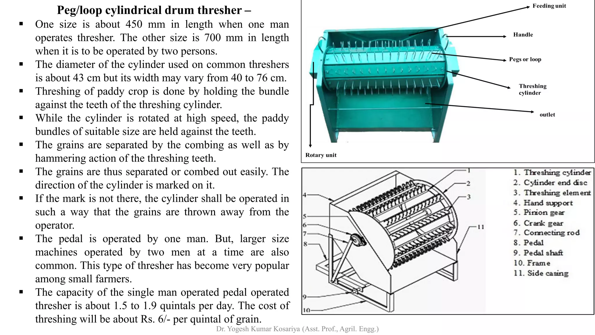 Peg/loop cylindrical drum thresher –
▪ One size is about 450 mm in length when one man
operates thresher. The other size is 700 mm in length
when it is to be operated by two persons.
▪ The diameter of the cylinder used on common threshers
is about 43 cm but its width may vary from 40 to 76 cm.
▪ Threshing of paddy crop is done by holding the bundle
against the teeth of the threshing cylinder.
▪ While the cylinder is rotated at high speed, the paddy
bundles of suitable size are held against the teeth.
▪ The grains are separated by the combing as well as by
hammering action of the threshing teeth.
▪ The grains are thus separated or combed out easily. The
direction of the cylinder is marked on it.
▪ If the mark is not there, the cylinder shall be operated in
such a way that the grains are thrown away from the
operator.
▪ The pedal is operated by one man. But, larger size
machines operated by two men at a time are also
common. This type of thresher has become very popular
among small farmers.
▪ The capacity of the single man operated pedal operated
thresher is about 1.5 to 1.9 quintals per day. The cost of
threshing will be about Rs. 6/- per quintal of grain.
Dr. Yogesh Kumar Kosariya (Asst. Prof., Agril. Engg.)
 