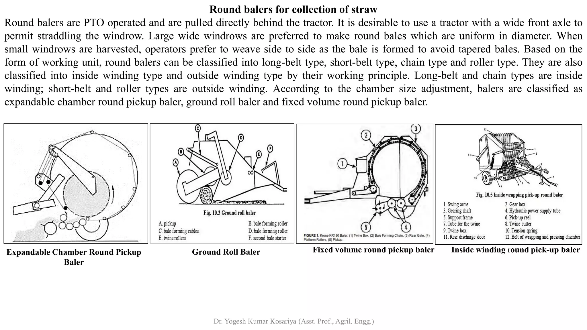Round balers for collection of straw
Round balers are PTO operated and are pulled directly behind the tractor. It is desirable to use a tractor with a wide front axle to
permit straddling the windrow. Large wide windrows are preferred to make round bales which are uniform in diameter. When
small windrows are harvested, operators prefer to weave side to side as the bale is formed to avoid tapered bales. Based on the
form of working unit, round balers can be classified into long-belt type, short-belt type, chain type and roller type. They are also
classified into inside winding type and outside winding type by their working principle. Long-belt and chain types are inside
winding; short-belt and roller types are outside winding. According to the chamber size adjustment, balers are classified as
expandable chamber round pickup baler, ground roll baler and fixed volume round pickup baler.
Expandable Chamber Round Pickup
Baler
Ground Roll Baler Fixed volume round pickup baler Inside winding round pick-up baler
Dr. Yogesh Kumar Kosariya (Asst. Prof., Agril. Engg.)
 