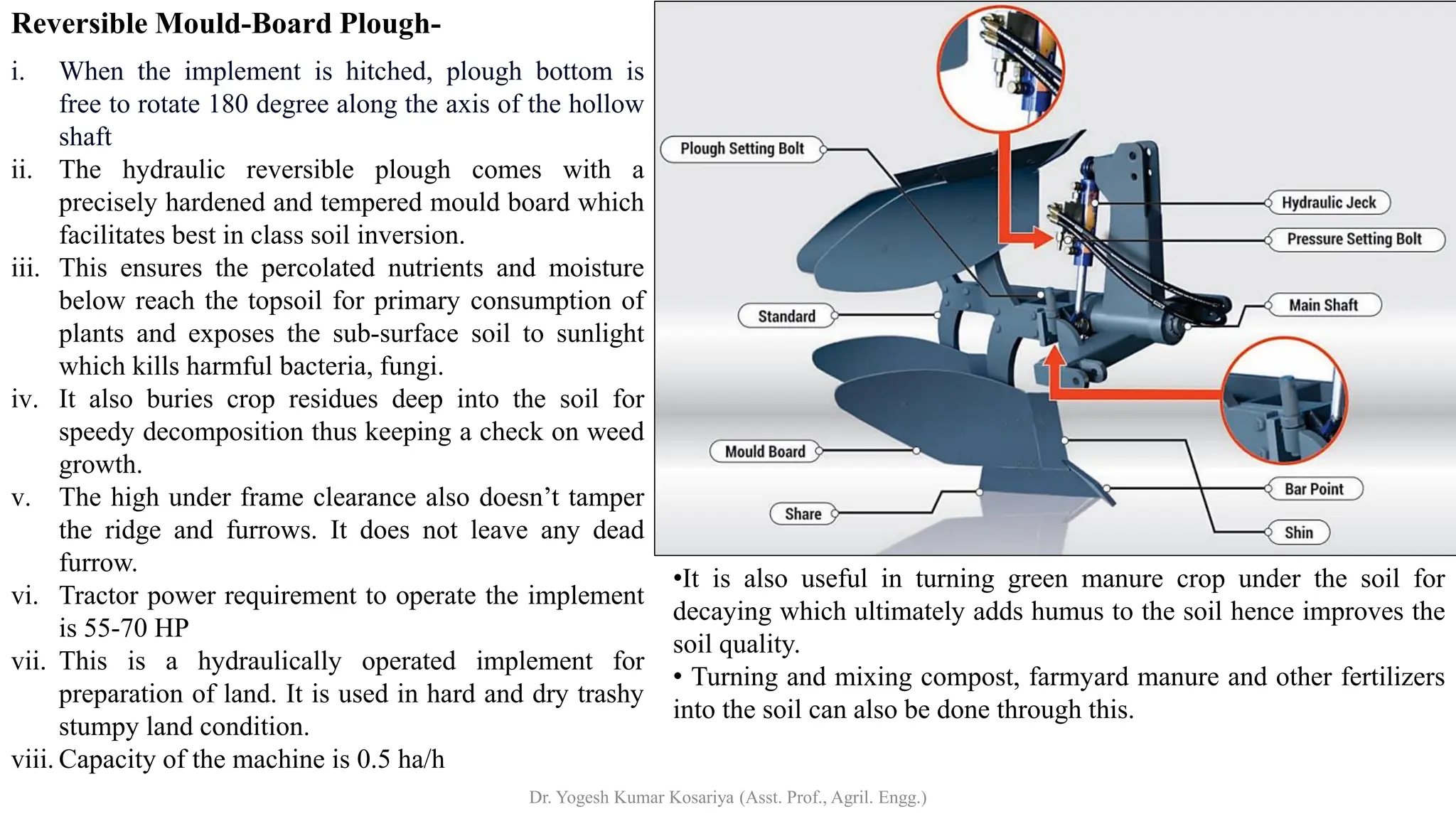 Reversible Mould-Board Plough-
i. When the implement is hitched, plough bottom is
free to rotate 180 degree along the axis of the hollow
shaft
ii. The hydraulic reversible plough comes with a
precisely hardened and tempered mould board which
facilitates best in class soil inversion.
iii. This ensures the percolated nutrients and moisture
below reach the topsoil for primary consumption of
plants and exposes the sub-surface soil to sunlight
which kills harmful bacteria, fungi.
iv. It also buries crop residues deep into the soil for
speedy decomposition thus keeping a check on weed
growth.
v. The high under frame clearance also doesn’t tamper
the ridge and furrows. It does not leave any dead
furrow.
vi. Tractor power requirement to operate the implement
is 55-70 HP
vii. This is a hydraulically operated implement for
preparation of land. It is used in hard and dry trashy
stumpy land condition.
viii. Capacity of the machine is 0.5 ha/h
•It is also useful in turning green manure crop under the soil for
decaying which ultimately adds humus to the soil hence improves the
soil quality.
• Turning and mixing compost, farmyard manure and other fertilizers
into the soil can also be done through this.
Dr. Yogesh Kumar Kosariya (Asst. Prof., Agril. Engg.)
 