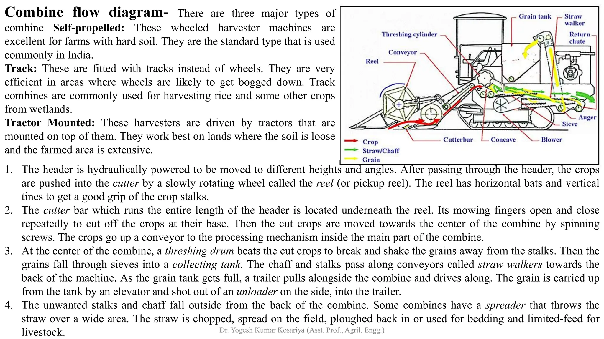 Combine flow diagram- There are three major types of
combine Self-propelled: These wheeled harvester machines are
excellent for farms with hard soil. They are the standard type that is used
commonly in India.
Track: These are fitted with tracks instead of wheels. They are very
efficient in areas where wheels are likely to get bogged down. Track
combines are commonly used for harvesting rice and some other crops
from wetlands.
Tractor Mounted: These harvesters are driven by tractors that are
mounted on top of them. They work best on lands where the soil is loose
and the farmed area is extensive.
1. The header is hydraulically powered to be moved to different heights and angles. After passing through the header, the crops
are pushed into the cutter by a slowly rotating wheel called the reel (or pickup reel). The reel has horizontal bats and vertical
tines to get a good grip of the crop stalks.
2. The cutter bar which runs the entire length of the header is located underneath the reel. Its mowing fingers open and close
repeatedly to cut off the crops at their base. Then the cut crops are moved towards the center of the combine by spinning
screws. The crops go up a conveyor to the processing mechanism inside the main part of the combine.
3. At the center of the combine, a threshing drum beats the cut crops to break and shake the grains away from the stalks. Then the
grains fall through sieves into a collecting tank. The chaff and stalks pass along conveyors called straw walkers towards the
back of the machine. As the grain tank gets full, a trailer pulls alongside the combine and drives along. The grain is carried up
from the tank by an elevator and shot out of an unloader on the side, into the trailer.
4. The unwanted stalks and chaff fall outside from the back of the combine. Some combines have a spreader that throws the
straw over a wide area. The straw is chopped, spread on the field, ploughed back in or used for bedding and limited-feed for
livestock. Dr. Yogesh Kumar Kosariya (Asst. Prof., Agril. Engg.)
 