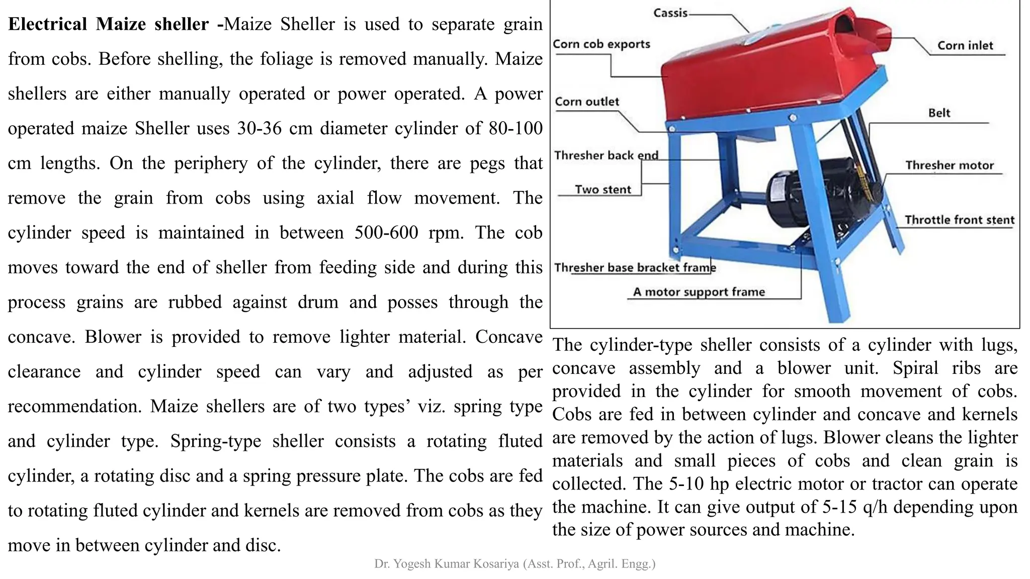 Electrical Maize sheller -Maize Sheller is used to separate grain
from cobs. Before shelling, the foliage is removed manually. Maize
shellers are either manually operated or power operated. A power
operated maize Sheller uses 30-36 cm diameter cylinder of 80-100
cm lengths. On the periphery of the cylinder, there are pegs that
remove the grain from cobs using axial flow movement. The
cylinder speed is maintained in between 500-600 rpm. The cob
moves toward the end of sheller from feeding side and during this
process grains are rubbed against drum and posses through the
concave. Blower is provided to remove lighter material. Concave
clearance and cylinder speed can vary and adjusted as per
recommendation. Maize shellers are of two types’ viz. spring type
and cylinder type. Spring-type sheller consists a rotating fluted
cylinder, a rotating disc and a spring pressure plate. The cobs are fed
to rotating fluted cylinder and kernels are removed from cobs as they
move in between cylinder and disc.
The cylinder-type sheller consists of a cylinder with lugs,
concave assembly and a blower unit. Spiral ribs are
provided in the cylinder for smooth movement of cobs.
Cobs are fed in between cylinder and concave and kernels
are removed by the action of lugs. Blower cleans the lighter
materials and small pieces of cobs and clean grain is
collected. The 5-10 hp electric motor or tractor can operate
the machine. It can give output of 5-15 q/h depending upon
the size of power sources and machine.
Dr. Yogesh Kumar Kosariya (Asst. Prof., Agril. Engg.)
 
