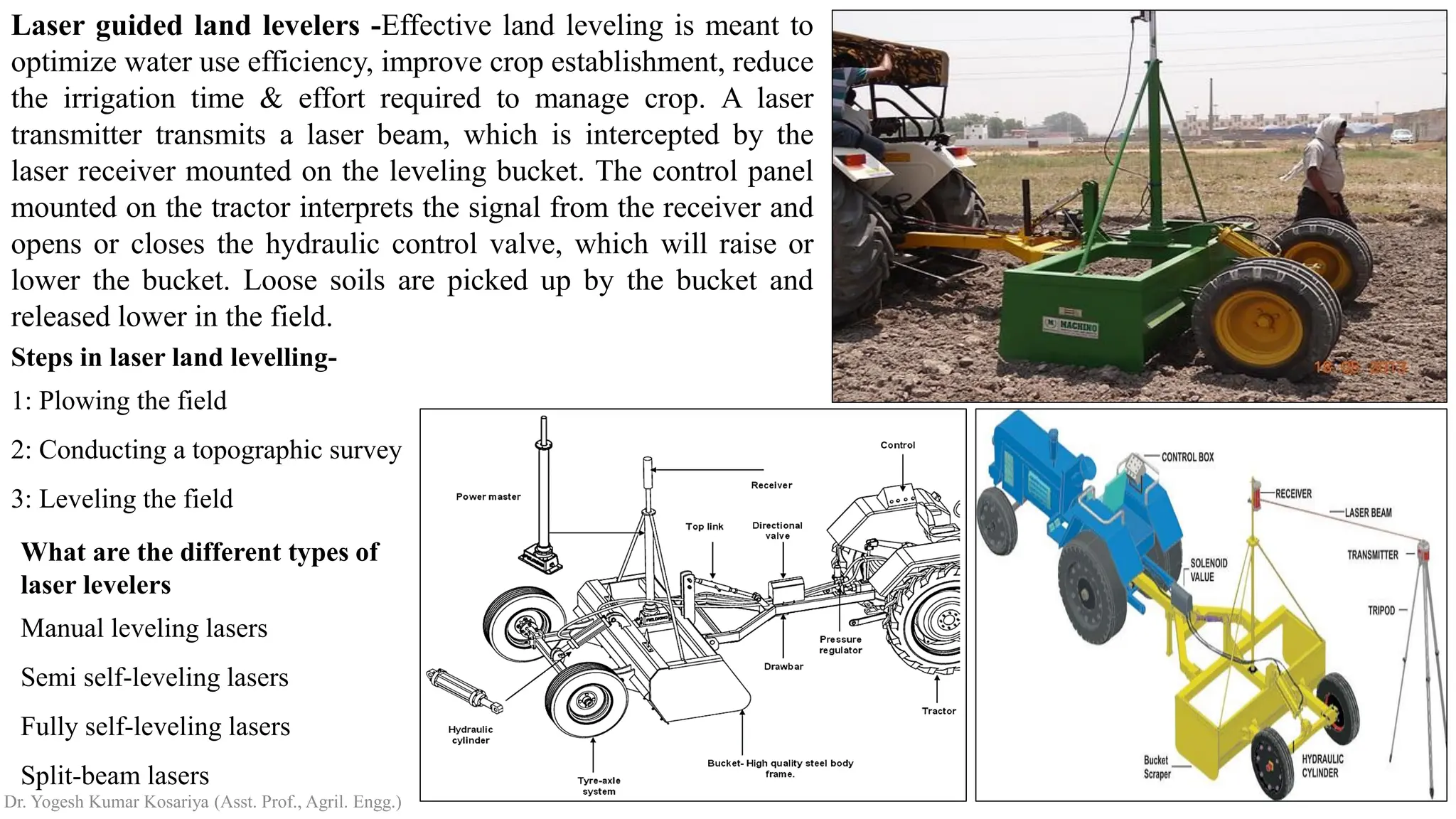 Laser guided land levelers -Effective land leveling is meant to
optimize water use efficiency, improve crop establishment, reduce
the irrigation time & effort required to manage crop. A laser
transmitter transmits a laser beam, which is intercepted by the
laser receiver mounted on the leveling bucket. The control panel
mounted on the tractor interprets the signal from the receiver and
opens or closes the hydraulic control valve, which will raise or
lower the bucket. Loose soils are picked up by the bucket and
released lower in the field.
Steps in laser land levelling-
1: Plowing the field
2: Conducting a topographic survey
3: Leveling the field
What are the different types of
laser levelers
Manual leveling lasers
Semi self‐leveling lasers
Fully self‐leveling lasers
Split‐beam lasers
Dr. Yogesh Kumar Kosariya (Asst. Prof., Agril. Engg.)
 
