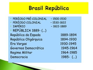 



PERÍODO PRÉ-COLONIAL
PERÍODO COLONIAL
IMPÉRIO

REPÚBLICA 1889- (...)
República da Espada
República Oligárquica
Era Vargas
Governos Democrático
Regime Militar
Democracia

– 1500-1530
– 1530-1822
– 1822-1889



1889-1894
1894-1930
1930-1945
1945-1964
1964-1985
1985- (...)

 
