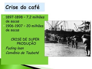  1897-1898

– 7,2 milhões

de sacas
 1906-1907 – 20 milhões
de sacas

-

CRISE DE SUPER
PRODUÇÃO
Fuding loan
Convênio de Taubaté

 