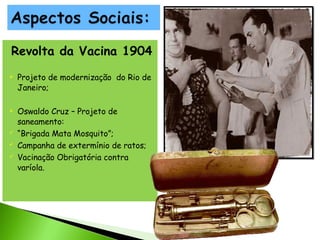 Revolta da Vacina 1904








Projeto de modernização do Rio de
Janeiro;
Oswaldo Cruz – Projeto de
saneamento:
“Brigada Mata Mosquito”;
Campanha de extermínio de ratos;
Vacinação Obrigatória contra
varíola.

 