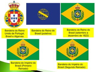 Bandeira do Reino
Unido de Portugal,
Brasil e Algarves

Bandeira do Reino do
Brasil (putativa)

Bandeira do Império do
Brasil (Primeiro
Reinado)

Bandeira do Reino do
Brasil (setembro a
dezembro de 1822)

Bandeira do Império do
Brasil (Segundo Reinado)

 