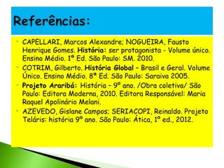 







CAPELLARI, Marcos Alexandre; NOGUEIRA, Fausto
Henrique Gomes. História: ser protagonista - Volume único.
Ensino Médio. 1ª Ed. São Paulo: SM. 2010.
COTRIM, Gilberto. História Global – Brasil e Geral. Volume
Único. Ensino Médio. 8ª Ed. São Paulo: Saraiva 2005.
Projeto Araribá: História – 9º ano. /Obra coletiva/ São
Paulo: Editora Moderna, 2010. Editora Responsável: Maria
Raquel Apolinário Melani.
AZEVEDO, Gislane Campos; SERIACOPI, Reinaldo. Projeto
Teláris: história 9º ano. São Paulo: Ática, 1º ed., 2012.

 