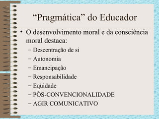 “Pragmática” do Educador O desenvolvimento moral e da consciência moral destaca: Descentração de si Autonomia Emancipação Responsabilidade Eqüidade PÓS-CONVENCIONALIDADE AGIR COMUNICATIVO 