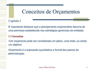 Autor: Márcio Silvério3Conceitos de OrçamentosCapítulo IÉ importante destacar que o planejamento orçamentário decorre de uma premissa estabelecida nas estratégias gerencias da entidade.1.1 ConceitosUm orçamento pode ser considerado um plano, uma meta, ou ainda um objetivo.