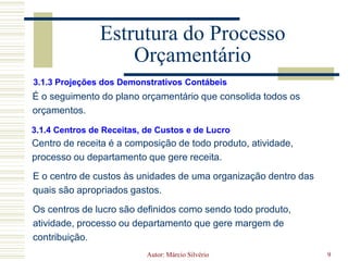 Como resultado das variações: tomar ações corretivas para eliminar as variações ou revisar os orçamentos mestres ou subsidiários para acomodar as variações.Autor: Márcio Silvério8Estrutura do Processo OrçamentárioCapítulo III3.1 Estrutura do Orçamento3.1.1 Orçamento OperacionalOrçamento operacional contempla as informações pertinentes a execução das atividades empresariais de uma organização.3.1.2 Orçamento de Investimentos e Financiamentos O primordial é destacar que os orçamentos de investimentos e de financiamentos estão ligados à forma adequada que, o tesoureiro ou controller da empresa, decidirá aplicar e investir seus recursos no curto e longo prazo.