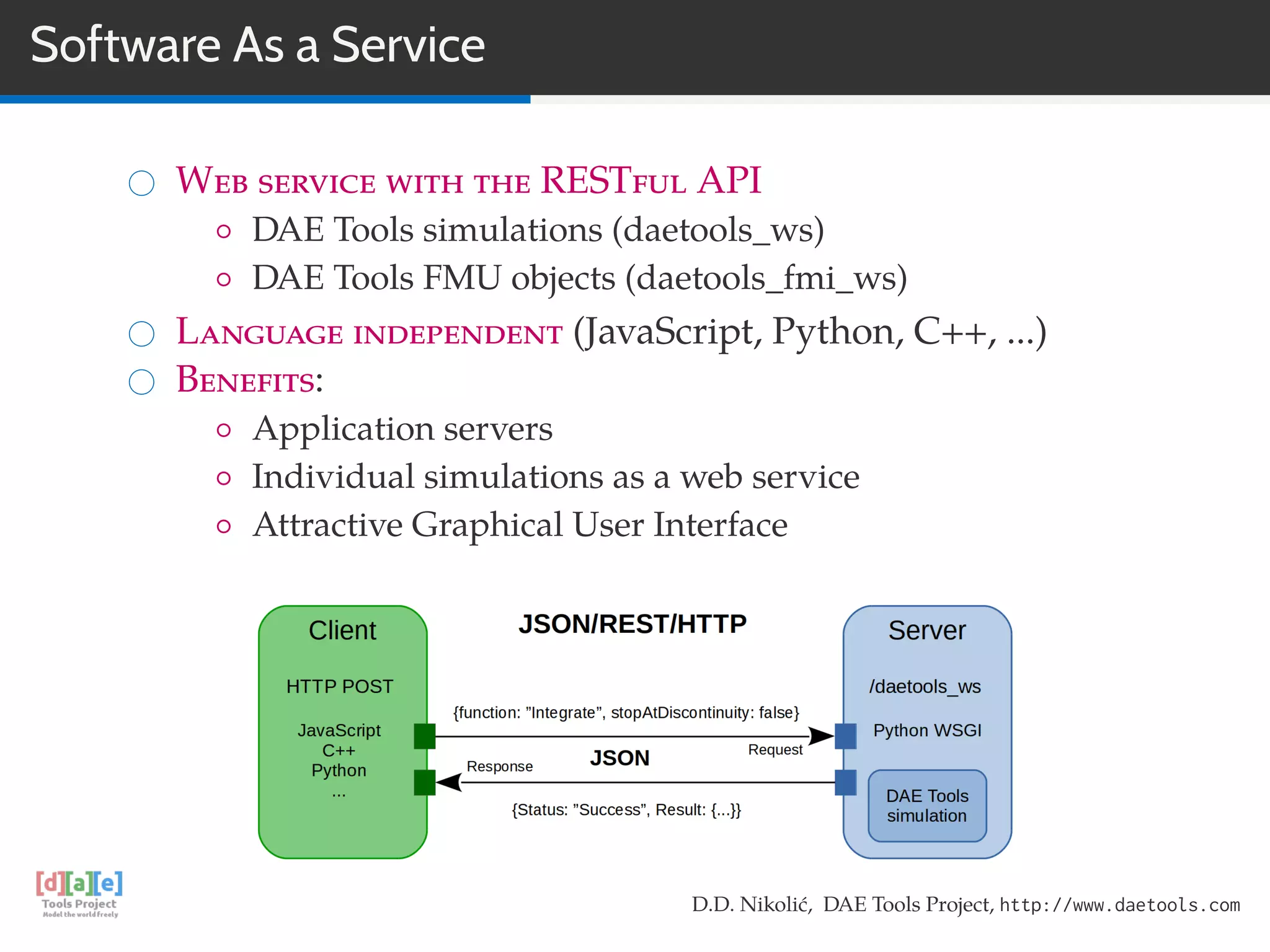 Software As a Service
Web service with the RESTful API
◦ DAE Tools simulations (daetools_ws)
◦ DAE Tools FMU objects (daetools_fmi_ws)
Language independent (JavaScript, Python, C++, ...)
Benefits:
◦ Application servers
◦ Individual simulations as a web service
◦ Attractive Graphical User Interface
D.D. Nikolić, DAE Tools Project, http://www.daetools.com
 