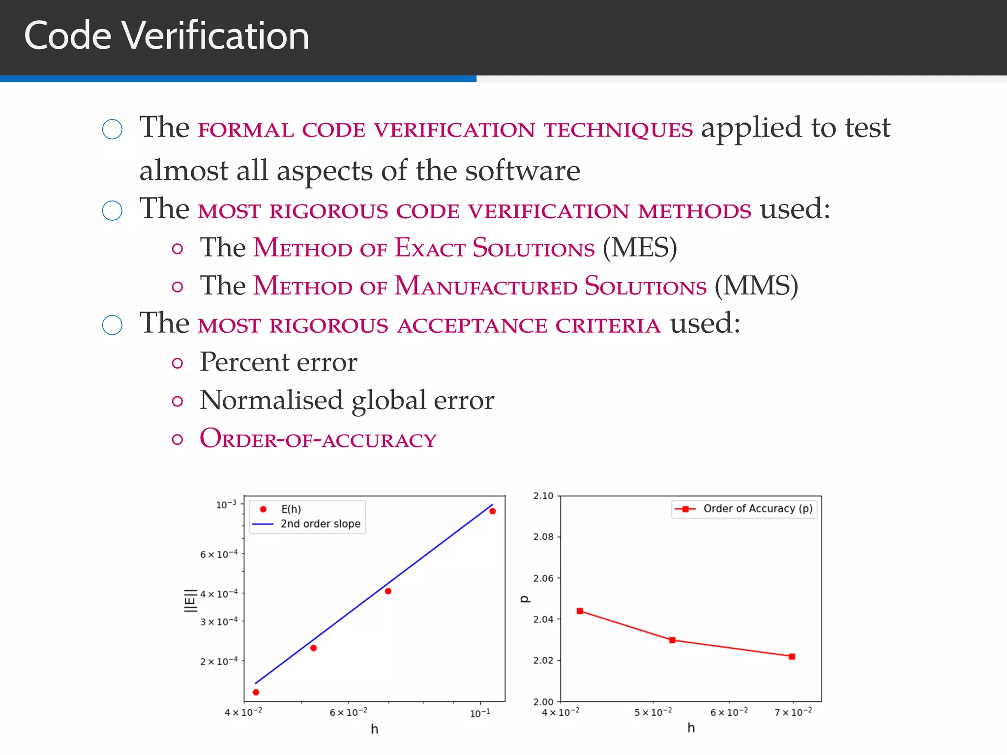 Code Verification
The formal code verification techniques applied to test
almost all aspects of the software
The most rigorous code verification methods used:
◦ The Method of Exact Solutions (MES)
◦ The Method of Manufactured Solutions (MMS)
The most rigorous acceptance criteria used:
◦ Percent error
◦ Normalised global error
◦ Order-of-accuracy
 