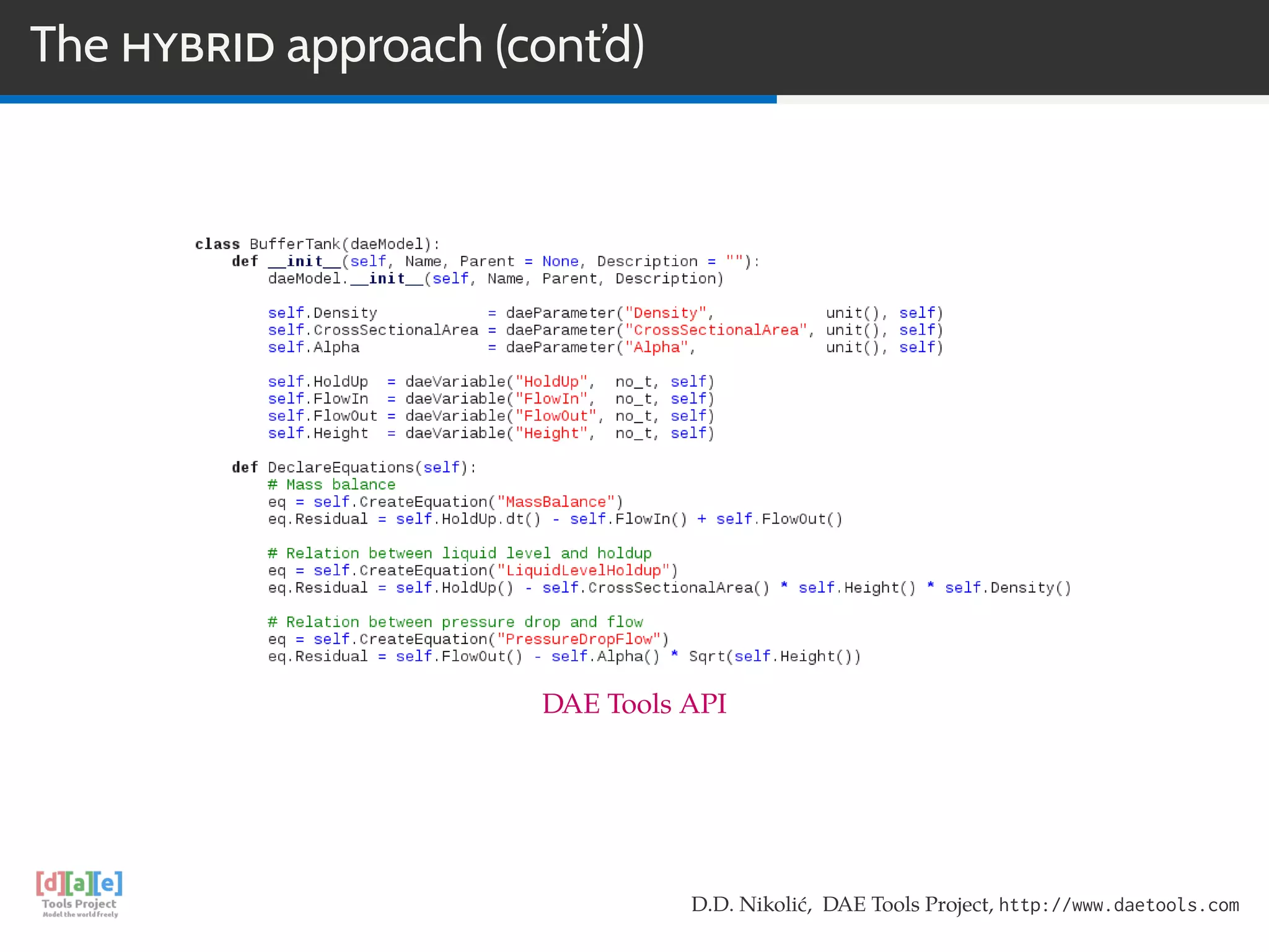 The HYBRID approach (cont’d)
DAE Tools API
D.D. Nikolić, DAE Tools Project, http://www.daetools.com
 