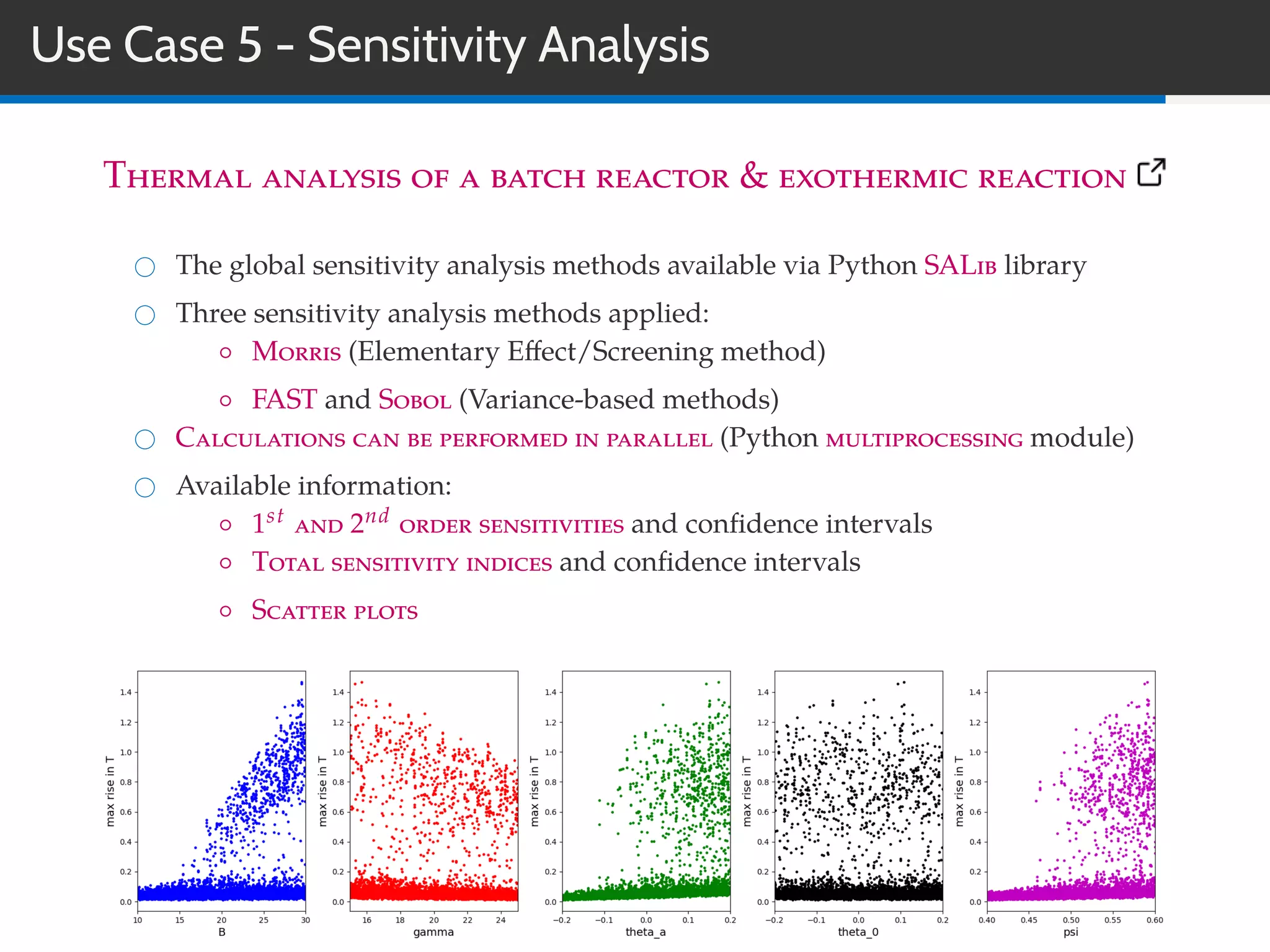 Use Case 5 - Sensitivity Analysis
Thermal analysis of a batch reactor & exothermic reaction
The global sensitivity analysis methods available via Python SALib library
Three sensitivity analysis methods applied:
◦ Morris (Elementary Eﬀect/Screening method)
◦ FAST and Sobol (Variance-based methods)
Calculations can be performed in parallel (Python multiprocessing module)
Available information:
◦ 1st and 2nd order sensitivities and conﬁdence intervals
◦ Total sensitivity indices and conﬁdence intervals
◦ Scatter plots
 