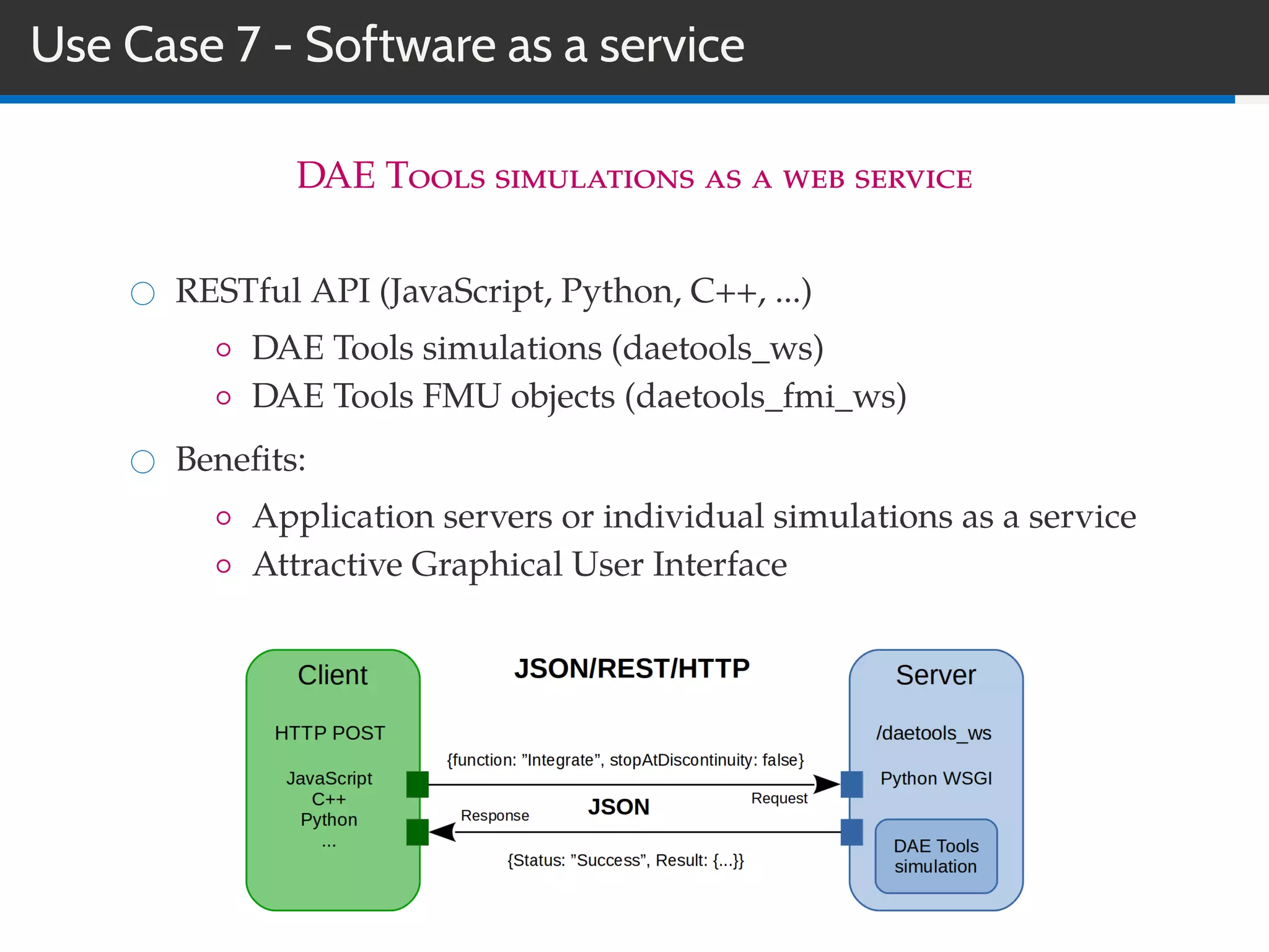 Use Case 7 - Software as a service
DAE Tools simulations as a web service
RESTful API (JavaScript, Python, C++, ...)
◦ DAE Tools simulations (daetools_ws)
◦ DAE Tools FMU objects (daetools_fmi_ws)
Beneﬁts:
◦ Application servers or individual simulations as a service
◦ Attractive Graphical User Interface
 
