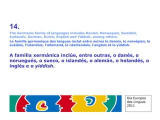 14. The Germanic family of languages includes Danish, Norwegian, Swedish, Icelandic, German, Dutch, English and Yiddish, among others. La famille germanique des langues inclut entre autres le danois, le norvégien, le suédois, l'islandais, l'allemand, le néerlandais, l'anglais et le yiddish. A familia xermánica inclúe, entre outras, o danés, o noruegués, o sueco, o islandés, o alemán, o holandés, o inglés e o  yiddish .   Día Europeo das Linguas 2011 