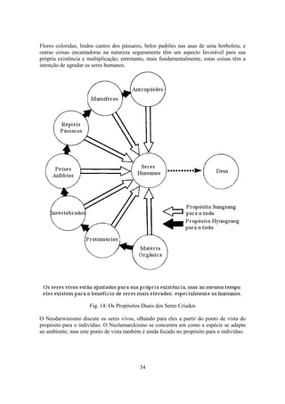 34
Flores coloridas, lindos cantos dos pássaros, belos padrões nas asas de uma borboleta, e
outras coisas encantadoras na natureza seguramente têm um aspecto favorável para sua
própria existência e multiplicação; entretanto, mais fundamentalmente, estas coisas têm a
intenção de agradar os seres humanos.
Fig. 14: Os Propósitos Duais dos Seres Criados
O Neodarwinismo discute os seres vivos, olhando para eles a partir do ponto de vista do
propósito para o indivíduo. O Neolamarckismo se concentra em como a espécie se adapta
ao ambiente; mas este ponto de vista também é ainda focado no propósito para o indivíduo.
 