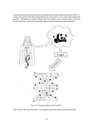 36
A beleza das penas de um pavão seria explicada pelos evolucionistas da seguinte forma: “A
seleção dos pavões mais belos pelas fêmeas fez dos pavões as aves mais maravilhosas no
presente.” Entretanto, os pavões fêmeas não são artistas; nem é possível para os pavões
fêmeas continuar a selecionar os pavões machos até que belas penas sejam formadas.
Fig. 15: O Logos de Deus reside no DNA
Tudo o que as fêmeas podem fazer é ser atraídos pelas belas penas dos pavões machos.
 