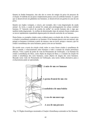 45
Quanto às fendas branquiais, elas não são os restos do estágio de peixe do processo de
evolução. O embrião de um peixe simplesmente parece com um embrião humano. E a parte
que se desenvolverá em glândulas nos humanos, se desenvolverá em guelras no caso de um
peixe.
Quanto aos órgãos vestigiais, o cóccix, por exemplo, não é uma degeneração da cauda
animal. Ao invés, a cauda do animal foi criada pelo prolongamento da coluna vertebral
humana. O “músculo móvel da concha da orelha” no ouvido humano não é algo que
também tenha degenerado. As orelhas de determinados tipos de animais foram criadas para
se mover rapidamente expandindo alguma parte do músculo auricular do ser humano.
Desta forma, os exemplos citados como evidência para a evolução são, de fato, o que prova
a criação à semelhança centrada no ser humano. O ser humano parece com um macaco, não
porque os humanos evoluíram a partir do macaco, mas ao invés, porque o macaco, que foi
criado à semelhança dos seres humanos, parece com um ser humano.
De acordo com a teoria da criação cristã, todos os seres foram criados à semelhança de
Deus; contudo, o relacionamento entre humanos e todo o restante da criação permanece
obscuro. Visto a partir do ponto de vista do Pensamento de Unificação, o ser humano foi
criado à semelhança de Deus, como objeto da alegria de Deus; e o restante da criação foi
criado à semelhança dos seres humanos, como objetos de alegria dos seres humanos.
Baseado nesta visão do Pensamento de Unificação, uma teoria válida alternativa para o
evolucionismo pode ser apresentada.
Fig. 19: Órgãos homólogos mostrando a Criação à Semelhança centrando no Ser Humano
 