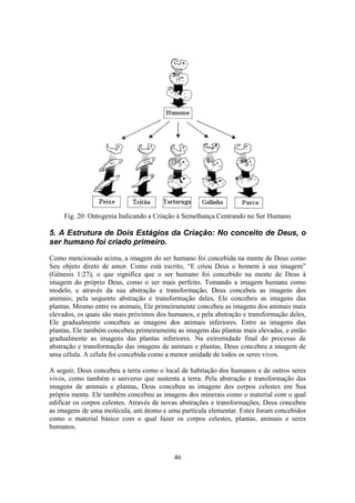 46
Fig. 20: Ontogenia Indicando a Criação à Semelhança Centrando no Ser Humano
5. A Estrutura de Dois Estágios da Criação: No conceito de Deus, o
ser humano foi criado primeiro.
Como mencionado acima, a imagem do ser humano foi concebida na mente de Deus como
Seu objeto direto de amor. Como está escrito, “E criou Deus o homem à sua imagem”
(Gênesis 1:27), o que significa que o ser humano foi concebido na mente de Deus à
imagem do próprio Deus, como o ser mais perfeito. Tomando a imagem humana como
modelo, e através da sua abstração e transformação, Deus concebeu as imagens dos
animais; pela sequente abstração e transformação deles, Ele concebeu as imagens das
plantas. Mesmo entre os animais, Ele primeiramente concebeu as imagens dos animais mais
elevados, os quais são mais próximos dos humanos, e pela abstração e transformação deles,
Ele gradualmente concebeu as imagens dos animais inferiores. Entre as imagens das
plantas, Ele também concebeu primeiramente as imagens das plantas mais elevadas, e então
gradualmente as imagens das plantas inferiores. Na extremidade final do processo de
abstração e transformação das imagens de animais e plantas, Deus concebeu a imagem de
uma célula. A célula foi concebida como a menor unidade de todos os seres vivos.
A seguir, Deus concebeu a terra como o local de habitação dos humanos e de outros seres
vivos, como também o universo que sustenta a terra. Pela abstração e transformação das
imagens de animais e plantas, Deus concebeu as imagens dos corpos celestes em Sua
própria mente. Ele também concebeu as imagens dos minerais como o material com o qual
edificar os corpos celestes. Através de novas abstrações e transformações, Deus concebeu
as imagens de uma molécula, um átomo e uma partícula elementar. Estes foram concebidos
como o material básico com o qual fazer os corpos celestes, plantas, animais e seres
humanos.
 