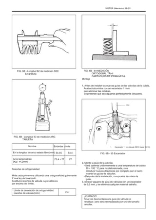 MOTOR (Mecánica) 6B-25
FIG. 6B - Longitud 62 de medición ARC
En gratuita
FIG. 6B - 64 MEDICIÓN
ORTOGONALITÃÞII
CARTUCHOS DE PRIMAVERA
Montaje
1. Antes de instalar las nuevas guías de las válvulas de la culata,
Acabará aburrirlos con un escariador 11mm
para eliminar las rebabas.
Se pretende que sea agujeros perfectamente circulares.
Uno
FIG. 6B - Longitud 63 de medición ARC
TABLETA
Nombre
En la longitud de arco estado libre (mm)
Arco largometraje
(Kg / 44,2mm)
Resortes de ortogonalidad
Mide cada primavera utilizando una ortogonalidad gobernante
Y una ley del cuadrado.
Sustituirá resortes de válvula cuya salida es
por encima del límite.
Límite de desviación de ortogonalidad
resortes de válvula (mm) 2.4
¡CUIDADO!
Una vez desmontado una guía de válvula no
reutilizar, pero será reemplazado por uno de tamaño
ampliar.
Estándar Límite
54.45
23,4 ÷ 27
53.4
22
2. Monte la guía de la válvula.
• Será calienta uniformemente a una temperatura de culata
80 ÷ 100 ° C para no distorsionada, y es
introducir nuevas directrices por completo con el carro
inserte las guías de válvulas.
• Después de la instalación, compruebe la culata de
guiar.
3. rehacer agujero de guía de válvulas con un escariador
de 5,5 mm, y se elimina cualquier material extraño.
1. Escariador 11 mm (desde 09916 hasta 38210)
FIG. 6B - 65 Escariador
 