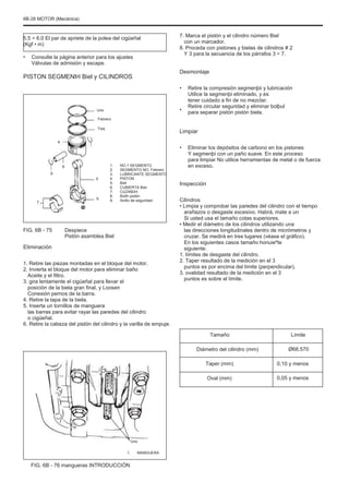 6B-28 MOTOR (Mecánica)
5.5 ÷ 6.0 El par de apriete de la polea del cigüeñal
(Kgf • m)
• Consulte la página anterior para los ajustes
Válvulas de admisión y escape.
7. Marca el pistón y el cilindro número Biel
con un marcador.
8. Proceda con pistones y bielas de cilindros # 2
Y 3 para la secuencia de los párrafos 3 ÷ 7.
PISTON SEGMENÞI Biel y CILINDROS
Desmontaje
•
•
Retire la compresión segmenþii y lubricación
Utilice la segmenþi eliminado, y es
tener cuidado a fin de no mezclar.
Retire circular seguridad y eliminar bolþul
para separar pistón pistón biela.
Uno
Febrero
Tres
4
Limpiar
• Eliminar los depósitos de carbono en los pistones
Y segmenþi con un paño suave. En este proceso
para limpiar No utilice herramientas de metal o de fuerza
en exceso.
8
9
5
7
6
1.
2.
3.
4.
5.
6.
7.
8.
9.
NO.1 SEGMENTO
SEGMENTO NO. Febrero
LUBRICANTE SEGMENTO
PISTON
Biel
CUBIERTA Biel
CUZINEÞI
Bolth pistón
Anillo de seguridad
Inspección
Cilindros
• Limpia y comprobar las paredes del cilindro con el tiempo
arañazos o desgaste excesivo. Habrá, mate a un
Si usted usa el tamaño cotas superiores.
• Medir el diámetro de los cilindros utilizando una
las direcciones longitudinales dentro de micrómetros y
cruzar. Se medirá en tres lugares (véase el gráfico).
En los siguientes casos tamaño honuieºte
siguiente:
1. límites de desgaste del cilindro.
2. Taper resultado de la medición en el 3
puntos es por encima del límite (perpendicular).
3. ovalidad resultado de la medición en el 3
puntos es sobre el límite.
FIG. 6B - 75 Despiece
Pistón asamblea Biel
Eliminación
1. Retire las piezas montadas en el bloque del motor.
2. Invierta el bloque del motor para eliminar baño
Aceite y el filtro.
3. gira lentamente el cigüeñal para llevar el
posición de la biela gran final, y Loosen
Conexión pernos de la barra.
4. Retire la tapa de la biela.
5. Inserta un tornillos de manguera
las barras para evitar rayar las paredes del cilindro
o cigüeñal.
6. Retire la cabeza del pistón del cilindro y la varilla de empuje.
Tamaño
Diámetro del cilindro (mm)
Taper (mm)
Oval (mm)
Límite
Ø68,570
0,10 y menos
0,05 y menos
Uno
1. MANGUERA
FIG. 6B - 76 mangueras INTRODUCCIÓN
 