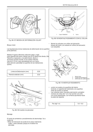 MOTOR (Mecánica) 6B-39
Uno
Febrero
1. Cuello TENIENDO 2. Surco
Fig. 6B-107 MEDIDA DE DEFORMACIÓN VOLANT
Bloque motor
Las liquidaciones de las mediciones de deformación de la superficie
junta (planitud)
Medida 6 lugares diferentes utilizando galga y regla
justo después del mismo método que en la cabeza del cilindro. Ella
ºlefuieºte y reparación, si la deformación, flecha o
de torsión excede el límite. Si los medios ºlefuirea
más de 0,15 mm, será reemplazado por uno nuevo.
Dará atención planeitãþii la superficie de las habitaciones
quema.
•
Fig. 6B-109 MONTAJE RODAMIENTO CON EL COLLAR
Montar los arbustos con orificio de lubricación
bloque del motor y la cubierta sin orificio de lubricación
Los casquillos.
Uno
Febrero
Límite de Deformación (mm)
Planitud estándar (mm)
0.05
0.03
Tres
1.
2.
3.
Bloque motor
CAJAS DE RODAMIENTO
APERTURA DE LUBRICACIÓN
Fig. 6B-110 MONTAJE RODAMIENTO
•
•
unción con aceite a la superficie del interior
teniendo, el cigüeñal del rodamiento a la superficie
antes de montar el cojinete.
Las cubiertas están marcados aterrizando cuzineþilor
números de orden del 1 al 3. Se reunirán con el fin,
con el par especificado, con la flecha apuntando hacia
la polea del cigüeñal.
Par (kgf • m) 5,5 ÷ 6,0
Fig. 6B-108 medidor de planeidad
Montaje
El revés de someterse a procedimientos de desmontaje. Va a
cuidar de:
• Motor de lubricación de aceite de la zanja rodamiento
cuello, y será colocado (zanja) en el exterior de
aterrizaje.
 