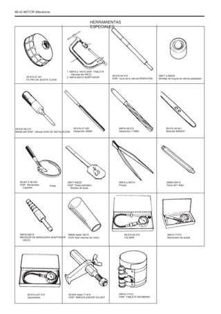 6B-42 MOTOR (Mecánica)
HERRAMIENTAS
ESPECIALES
09.915-47.341
FILTRO DE ACEITE CLAVE
1. 09916 a 14510 DISP. TABLETA
Válvulas del ARCO
2. 09916-48210 ADAPTADOR
09.916-44.910
DISP. Guía de la válvula REMOCIÓN
09917 a 88220
Montaje de la guía de válvula adaptador
09.916-58.210
MANEJAR DISP. Válvula GUÍA DE INSTALACIÓN
09.916-37.320
Desarrollo (5MM)
09916-38.210
Desarrollo (11MM)
09.916-34.541
Aburrido MANGO
09.927 a 56.020
DISP. Reclamado
Cigüeñal
Polea
09917-68220
DISP. Polea partidario
Árboles de levas
09916 a 84510
Pinzas
09900-00410
Tecla SET Allen
09918-08210
MEDIDOR DE MANGUERA ADAPTADOR
VACÍO
09926 hasta 18210
GUÍA Seal (resinas de vinilo)
09.915-64.510
CALIBRE
09915-77310
Manómetro de aceite
09.915 a 67.310
Vacuómetro
09.924 hasta 17.810
DISP. INMOVILIZADOR VOLANT
09916-77310
DISP. TABLETA SEGMENÞI
 