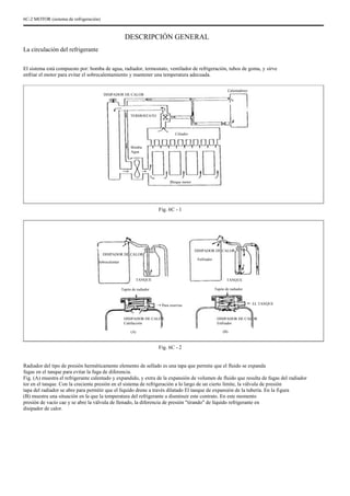 6C-2 MOTOR (sistema de refrigeración)
DESCRIPCIÓN GENERAL
La circulación del refrigerante
El sistema está compuesto por: bomba de agua, radiador, termostato, ventilador de refrigeración, tubos de goma, y sirve
enfriar el motor para evitar el sobrecalentamiento y mantener una temperatura adecuada.
DISIPADOR DE CALOR
Calentadores
TERMOSTATO
Cilindro
Bomba
Agua
Bloque motor
Fig. 6C - 1
DISIPADOR DE CALOR
Sobrecalentar
DISIPADOR DE CALOR
Enfriador
TANQUE
Tapón de radiador
Para reservas
DISIPADOR DE CALOR
Calefacción
(A)
TANQUE
Tapón de radiador
EL TANQUE
DISIPADOR DE CALOR
Enfriador
(B)
Fig. 6C - 2
Radiador del tipo de presión herméticamente elemento de sellado es una tapa que permite que el fluido se expanda
fugas en el tanque para evitar la fuga de diferencia.
Fig. (A) muestra el refrigerante calentado y expandido, y extra de la expansión de volumen de fluido que resulta de fugas del radiador
tor en el tanque. Con la creciente presión en el sistema de refrigeración a lo largo de un cierto límite, la válvula de presión
tapa del radiador se abre para permitir que el líquido drene a través dilatado El tanque de expansión de la tubería. En la figura
(B) muestra una situación en la que la temperatura del refrigerante a disminuir este contrato. En este momento
presión de vacío cae y se abre la válvula de llenado, la diferencia de presión "tirando" de líquido refrigerante en
disipador de calor.
 