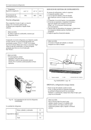 6C-6 motor (sistema de refrigeración)
Temperatura
líquido de congelación
Concentración de
anticongelante puro
-14.5 ° C
30%
-25 ° C
40%
-34 ° C
50%
SERVICIO DE SISTEMA DE ENFRIAMIENTO
Al sistema de enfriamiento, realice lo siguiente:
1. Compruebe pérdida o daño.
2. Lave la tapa del radiador y boca de llenado
agua limpia por remover la tapa con el motor
fría.
3. Comprobar el nivel del líquido y las propiedades.
4. El uso de un manómetro, comprobar el sistema y
tapón del radiador para mantener la presión
0,9kgf / cm². Si es necesario Sustituya tapa
uno correctamente.
5. Apriete todas las abrazaderas de manguera e inspeccionar.
Las mangueras dañadas (grietas, hinchado, etc.)
reemplazar
6. limpia la superficie frontal del radiador.
PRECAUCIÓN
Al montar el llenado del radiador, se alineará
manguera sus oídos al tanque.
Nivel de refrigerante
Para comprobar, levante el capó y se trata de
tanque. No es necesario quitar la tapa
el radiador para comprobar el líquido fluido
enfriarse.
PRECAUCIÓN
No afloje el tapón de combustible, mientras que
refrigerante hierve.
Compruebe el nivel de refrigerante en el depósito cuando
el motor está frío. Un nivel normal del líquido será
encontrado en partes "FULL" y "LOW" en el tanque.
Si el nivel está por debajo de la marca se encuentra "baja"
Afloje la tapa del combustible y se llena de líquido
apropiado para llevar en el nivel adecuado
hito "FULL".
PRECAUCIÓN
• El anticongelante calidad
apropiado, extra innecesaria
inhibidores o aditivos que pretenden mejorar
sistema. Por el contrario, puede perjudicar el buen
operación.
Uno Febrero Tres
1.
TANQUE
Tapón de radiador 2. EAR 3. MANGUERA DE TANQUE
Fig. RADIADOR 11 cap - 6C
DRENAJE y refrigeración recarga sistema
MAXIM
MÍNIMO
1. Retire la tapa del radiador cuando el motor
es frío. La tapa gira hacia la izquierda lentamente
se confirma la despresurización (no escuchados
"Fâºâitul"), a continuación, empuje hacia abajo la tapa y gira
y dejó de ser eliminado.
PRECAUCIÓN
Para no hacerte daño No quite la tapa
radiador cuando el motor y el radiador estén
todavía caliente. Si la tapa se retira en estos
condiciones podrían vapor y líquido a tâºneascã
caliente.
Fig. 6C - 10 Comprobación del nivel de refrigerante
ENFRIARSE
La cantidad de refrigerante
Motor, radiador y calentador
Capacidad (L) tanque
Total
3.3
0.6
3.9
 