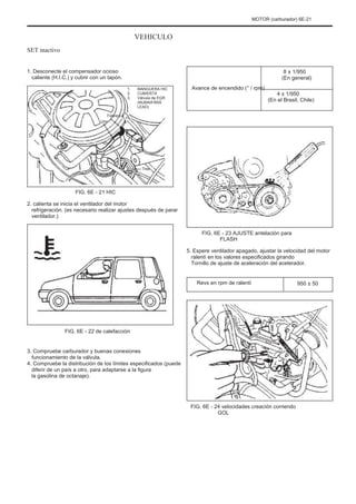 MOTOR (carburador) 6E-21
VEHICULO
SET inactivo
1. Desconecte el compensador ocioso
caliente (H.I.C.) y cubrir con un tapón.
1.
2.
3.
Febrero
MANGUERA HIC
CUBIERTA
Válvula de EGR
(NUMAIFÃRÃ
LEAD)
8 ± 1/950
(En general)
Avance de encendido (° / rpm)
4 ± 1/950
(En el Brasil, Chile)
Uno
Tres
FIG. 6E - 21 HIC
2. calienta se inicia el ventilador del motor
refrigeración. (es necesario realizar ajustes después de parar
ventilador.)
FIG. 6E - 23 AJUSTE antelación para
FLASH
5. Espere ventilador apagado, ajustar la velocidad del motor
ralentí en los valores especificados girando
Tornillo de ajuste de aceleración del acelerador.
Revs en rpm de ralentí 950 ± 50
FIG. 6E - 22 de calefacción
3. Compruebe carburador y buenas conexiones
funcionamiento de la válvula.
4. Compruebe la distribución de los límites especificados (puede
diferir de un país a otro, para adaptarse a la figura
la gasolina de octanaje).
FIG. 6E - 24 velocidades creación corriendo
GOL
 