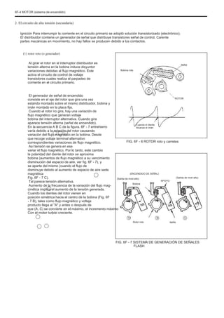 6F-4 MOTOR (sistema de encendido)
2. El circuito de alta tensión (secundaria)
Ignición Para interrumpir la corriente en el circuito primario se adoptó solución transistorizado (electrónico).
El distribuidor contiene un generador de señal que distribuye transistores señal de control. Carente
partes mecánicas en movimiento, no hay fallos se producen debido a los contactos.
(1) rotor roto (o generador)
Al girar el rotor en el interruptor distribuidor es
tensión alterna en la bobina induce disyuntor
variaciones debidas al flujo magnético. Éste
activa el circuito de control de voltaje
transistores cuales realiza el parpadeo de
corriente en el circuito primario.
El generador de señal de encendido
consiste en el eje del rotor que gira una vez
estando montado sobre el mismo distribuidor, bobina y
imán montado en la placa fija.
Cuando el rotor no gira, hay una variación de
flujo magnético que generan voltaje
bobina del interruptor alternativa. Cuando gira
aparece tensión alterna (señal de encendido).
En la secuencia A B C de la figura. 6F - 7 entrehierro
varía debido a la rotación del rotor causando
variación del flujo magnético en la bobina. Desde
que recoge voltaje terminal alternativo
correspondientes variaciones de flujo magnético.
Así tensión se genera en ese
variar el flujo magnético. Por lo tanto, este cambio
la polaridad del diente del rotor se aproxima
bobina (aumentos de flujo magnético a su vencimiento
disminución del espacio de aire, ver fig. 6F - 7), y
se aparte del mismo (cuando el flujo de
disminuye debido al aumento de espacio de aire sede
magnética
Fig. 6F - 7 C).
Tal parece tensión alternativa.
Aumento de la frecuencia de la variación del flujo mag-
cinética implica el aumento de la tensión generada.
Cuando los dientes del rotor vienen en
posición simétrica hacia el centro de la bobina (Fig. 6F
- 7 B), tales como flujo magnético y voltaje
producto llega al "A" y antes o después de
que (A, C) se convierte en el máximo, el incremento máximo
Con el motor turþiei creciente.
IMÁN
Bobina rota
ROTOR
Cuando el diente
Alcanza el imán
FIG. 6F - 6 ROTOR roto y carretes
(ENCENDIDO DE SEÑAL)
(Salida de nivel alto)
Bobina
APOYO
(Salida de nivel alto)
La
Rotor roto
B
IMÁN
C
FIG. 6F - 7 SISTEMA DE GENERACIÓN DE SEÑALES
FLASH
 
