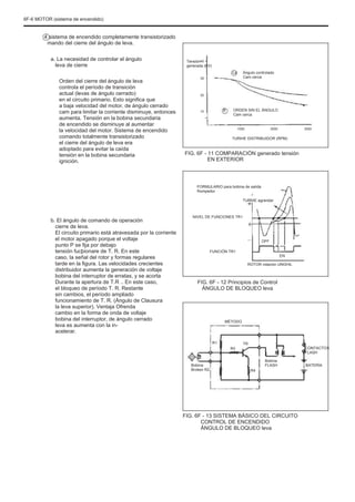 6F-6 MOTOR (sistema de encendido)
4 sistema de encendido completamente transistorizado
mando del cierre del ángulo de leva.
a. La necesidad de controlar el ángulo
leva de cierre
Orden del cierre del ángulo de leva
controla el período de transición
actual (levas de ángulo cerrado)
en el circuito primario. Esto significa que
a baja velocidad del motor, de ángulo cerrado
cam para limitar la corriente disminuye, entonces
aumenta. Tensión en la bobina secundaria
de encendido se disminuye al aumentar
la velocidad del motor. Sistema de encendido
comando totalmente transistorizado
el cierre del ángulo de leva era
adoptado para evitar la caída
tensión en la bobina secundaria
ignición.
Tensión
generada (KV)
40
La
30
Ángulo controlado
Cam cerca
20
10 B ORDEN SIN EL ÁNGULO
Cam cerca
1000 2000 3000
TURÞIE DISTRIBUIDOR (RPM)
FIG. 6F - 11 COMPARACIÓN generado tensión
EN EXTERIOR
FORMULARIO para bobina de salida
Rompedor
TURÞIE agrandar
NIVEL DE FUNCIONES TR1
b. El ángulo de comando de operación
cierre de leva.
El circuito primario está atravesada por la corriente
el motor apagado porque el voltaje
punto P se fija por debajo
tensión fucþionare de T. R. En este
caso, la señal del rotor y formas regulares
tarde en la figura. Las velocidades crecientes
distribuidor aumenta la generación de voltaje
bobina del interruptor de erratas, y se acorta
Durante la apertura de T.R .. En este caso,
el bloqueo de período T. R. Restante
sin cambios, el período ampliado
funcionamiento de T. R. (Ángulo de Clausura
la leva superior). Ventaja Ofrenda
cambio en la forma de onda de voltaje
bobina del interruptor, de ángulo cerrado
leva es aumenta con la in-
acelerar.
OFF
FUNCIÓN TR1
EN
ROTOR rotación UNGHIL
FIG. 6F - 12 Principios de Control
ÁNGULO DE BLOQUEO leva
MÉTODO
R1
R3
TR
CONTACTOS
FLASH
R4
Bobina
FLASH BATERÍA
Bobina
Broken R2
FIG. 6F - 13 SISTEMA BÁSICO DEL CIRCUITO
CONTROL DE ENCENDIDO
ÁNGULO DE BLOQUEO leva
 