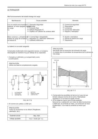 Sistema de motor (con cargo) 6H??5
ALTERNADOR
Mal funcionamiento del estado testigo de cargo
Manifestación
Con el contacto de encendido
palabras, el motor apagado, testigo
sin carga
luz
Motor comenzó, y el testimonio
Estado de carga de la batería
es todavía lit.
??
??
??
??
??
??
??
??
Causa probable
Quemado Seguridad
Bombilla
Conexión floja
Defecto Regulador IC
Cepillos con colector de contacto débil
V-correa floja o desgastada
Regulador IC o alternador defectuoso
Cableado defectuoso
??
??
??
??
??
??
??
??
Remedio
Control de seguridad:
Reemplazar
Limitamos
Comprobar alternador
Repare o reemplace
Ajuste o reemplace
Revise el sistema de carga
Reparación
La batería no se está cargando
Compruebe el alternador de la siguiente manera, si la batería
descargada se mantiene muy por debajo de su capacidad.
1. Conecte un voltímetro y un amperímetro como
a continuación.
PRECAUCIÓN
Utilice una batería completamente cargada.
PRECAUCIÓN
Recuerde que la corrección de la tensión de carga
A medida que el controlador de temperatura de la cámara es
Vea abajo.
VOLTAJE
16.0
15.34
15.0
14.8 14.8
Uno
6
5 4
14.0
Febrero
Tres
13.0
14.2 14.2
13.3
-25 ° C 25 ° C 125 ° C
1.
2.
3.
ALTERNADOR
Amperímetro
VOLTIMETRO
4.
5.
6.
BATERÍA
Sistema de carga
CONTACTOS
FIG. 6H ?? 7
3. Compruebe las escobillas de tierra en el caso de que
tensión está por encima de la norma. Reemplazar
regulador IC si la masa es cepillo normal.
4. Si el voltaje es menor que el límite estándar,
faros de luz y calefacción con motor de altas revoluciones
a 2000 rpm, la corriente se mide, y la corrección se hace
el alternador, si se mide la corriente es menor que
20A.
FIG. 6H ?? 6
2. El número de vueltas a 2.000 rpm.
PRECAUCIÓN
Todos los accesorios no se utilizan (ºtergãtoare,
calentador, etc.).
Estándar actual
Voltaje ajustable
Max. 50A
14,2 ÷ 14,8V (25 ° C)
 