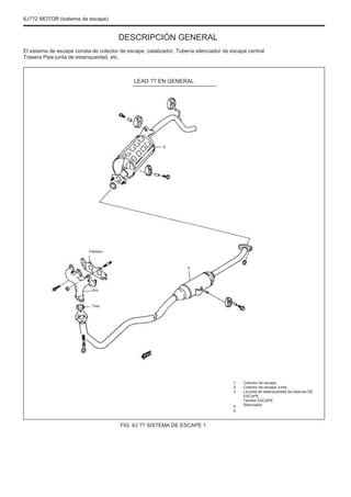 6J??2 MOTOR (sistema de escape)
DESCRIPCIÓN GENERAL
El sistema de escape consta de colector de escape, catalizador, Tubería silenciador de escape central
Trasera Pipe junta de estanqueidad, etc.
LEAD ?? EN GENERAL
5
Febrero
4
Uno
Tres
1.
2.
3.
4.
5.
Colector de escape
Colector de escape Junta
La junta de estanqueidad de tuberías DE
ESCAPE
Tambor ESCAPE
Silenciador
FIG. 6J ?? SISTEMA DE ESCAPE 1
 