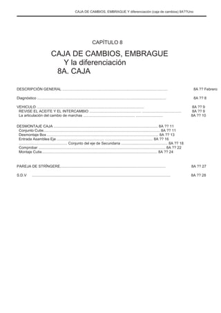 CAJA DE CAMBIOS, EMBRAGUE Y diferenciación (caja de cambios) 8A??Uno
CAPÍTULO 8
CAJA DE CAMBIOS, EMBRAGUE
Y la diferenciación
8A. CAJA
DESCRIPCIÓN GENERAL ......................................................................................................
Diagnóstico .............................................................................................................................
VEHICULO ........................................................................................................
REVISE EL ACEITE Y EL INTERCAMBIO .................................................. ......................................
La articulación del cambio de marchas .................................................. ..........................
8A ?? Febrero
8A ?? 8
8A ?? 9
8A ?? 9
8A ?? 10
DESMONTAJE CAJA ..................................................................................................... 8A ?? 11
Conjunto Cutie................................................................................................................. 8A ?? 11
Desmontaje Box ............................................................................................................ 8A ?? 13
Entrada Asamblea Eje .............................................. .............................................. 8A ?? 16
............................................... Conjunto del eje de Secundaria ............................................. 8A ?? 18
Comprobar ........................................................................................................................... 8A ?? 22
Montaje Cutie................................................................................................................ 8A ?? 24
PAREJA DE STRÎNGERE......................................................................................................
S.D.V ......................................................................................................................................
8A ?? 27
8A ?? 28
 