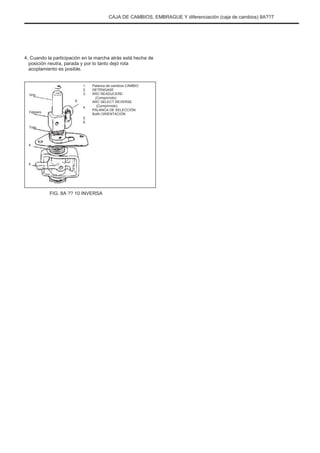 CAJA DE CAMBIOS, EMBRAGUE Y diferenciación (caja de cambios) 8A??7
4. Cuando la participación en la marcha atrás está hecha de
posición neutra, parada y por lo tanto dejó rota
acoplamiento es posible.
1.
2.
3.
4.
5.
6.
Palanca de cambios CAMBIO
DETÉNGASE
ARC READUCERE-
(Comprimido)
ARC SELECT REVERSE
(Comprimido)
PALANCA DE SELECCIÓN
Bolth ORIENTACIÓN
Uno
6
Febrero
Tres
4
5
FIG. 8A ?? 10 INVERSA
 