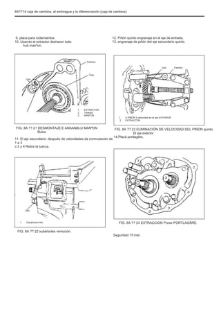 8A??14 caja de cambios, el embrague y la diferenciación (caja de cambios)
9. placa para rodamientos.
10. Usando el extractor deshacer todo
hub manºon.
12. Piñón quinto engranaje en el eje de entrada.
13. engranaje de piñón del eje secundario quinto.
Febrero
Uno
Tres
Uno
Febrero
1.
2.
3.
EXTRACTOR
Tenedor
MANºON
1.
2.
A PIÑÓN 5-velocidad en el eje EXTERIOR
EXTRACTOR
FIG. 8A ?? 21 DESMONTAJE E ANSANBLU MANªON
Butuc
11. El eje secundario: después de velocidades de conmutación de
1 a 3
o 2 y 4 Retire la tuerca.
FIG. 8A ?? 23 ELIMINACIÓN DE VELOCIDAD DEL PIÑON quinto
El eje exterior
14.Placã portlagãre.
.
Uno
1. Subárboles Nut FIG. 8A ?? 24 EXTRACCION Poner PORTLAGÃRE.
Seguridad 15.Inel.
FIG. 8A ?? 22 subárboles remoción.
 