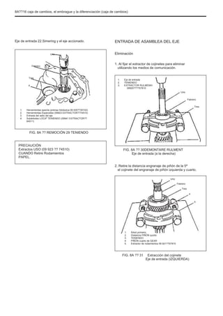 8A??16 caja de cambios, el embrague y la diferenciación (caja de cambios)
Eje de entrada 22.Simering y el eje accionado.
Uno
ENTRADA DE ASAMBLEA DEL EJE
Eliminación
1. Al fijar el extractor de cojinetes para eliminar
utilizando los medios de comunicación.
1.
2.
3.
Eje de entrada
TENIENDO
EXTRACTOR RULMENÞI
09920????57810
Febrero
Tres
4
Uno
Febrero
1.
2.
3.
4.
Herramientas specila (prensa hidráulica 09 930??30102)
Herramientas Especiales (09923 EXTRACTOR??74510)
Entrada del sello del eje
Subárboles LOCAª TENIENDO (09941 EXTRACTOR??
64511)
Tres
FIG. 8A ?? REMOCIÓN 29 TENIENDO
PRECAUCIÓN
Extractos USO (09 923 ?? 74510)
CUANDO Retire Rodamientos
PAPEL.
FIG. 8A ?? 30DEMONTARE RULMENT
Eje de entrada (a la derecha)
2. Retire la distancia engranaje de piñón de la 5ª
el cojinete del engranaje de piñón izquierda y cuarto.
Uno
Febrero
Tres
4
5
1.
2.
3.
4.
5.
Árbol primario
Distancia PIÑÓN quinto
TENIENDO
PIÑÓN cuarto de GEAR
Extractor de rodamientos 09 921??57810
FIG. 8A ?? 31 Extracción del cojinete
Eje de entrada (IZQUIERDA)
 