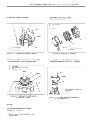 CAJA DE CAMBIOS, EMBRAGUE Y diferenciación (caja de cambios) 8A??17
3. Desmontar el anillo de seguridad ?? Si el conjunto manºonului y el cubo
Sincronizador, obedecer A = B
1.
2.
3.
4.
Anillo sincronizador
Rombo
Butuc
MANªON
Uno
Febrero
C
4
Uno
B
Febrero
Tres
A = B
C: IZQUIERDA (brida estrecha)
D: Groove
1.
2.
3.
CLEºTE SEGURIDAD
Anillo de seguridad
Butuc MANªON sincronizado
Tres
La
FIG. 8A ?? Anillo REMOCIÓN 32 SEGURIDAD FIG. 8A ?? 34 ASAMBLEA MANªON
4. Desmontar manºon conjunto del cubo sincronizador
3-4 piñón diferencial junto con la tercera etapa.
1.
2.
3.
4.
Árbol primario
HUB - MANºON sincronizado PASO 3-4.
PIÑÓN tercero
EXTRACTOR PINION1
Febrero
Tres
?? La instalación se realiza mediante el rodamiento
Rulmenþi montaje (09925 ?? 98221) y el martillo.
Uno
Febrero
4
Tres
1.
2.
3.
MONTAJE RULMENÞI DISPOSITIVO
09925 ?? 98221
TENIENDO
Árbol primario
FIG. 8A ?? 33 DESMONTAJE E MANªON
ENGRANAJE HUB 3-4 FIG. 8A ?? 35 EJE DE MONTAJE RODAMIENTO
MAYOR (DERECHA)
Montaje
Proceda demontãrii.Respectaþi inversa
las siguientes indicaciones:
?? Cepillo piñones de engranaje dentro de la
caja de aceite.
 