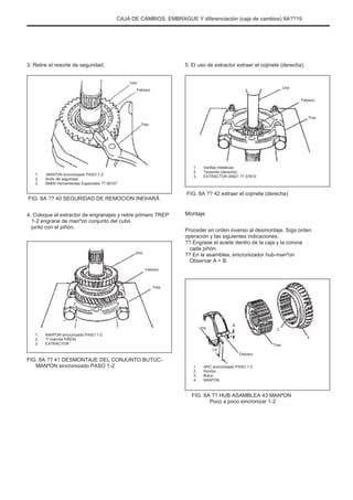 CAJA DE CAMBIOS, EMBRAGUE Y diferenciación (caja de cambios) 8A??19
3. Retire el resorte de seguridad.
Uno
Febrero
5. El uso de extractor extraer el cojinete (derecha).
Uno
Febrero
Tres
Tres
1.
2.
3.
MANºON sincronizado PASO 1-2
Anillo de seguridad
09900 Herramientas Especiales ?? 06107
1.
2.
3.
Varillas metálicas
Teniendo (derecha)
EXTRACTOR 09921 ?? 57810
FIG. 8A ?? 40 SEGURIDAD DE REMOCION INEÞARÃ
4. Coloque el extractor de engranajes y retire primero TREP
1-2 engrane de manºon conjunto del cubo
junto con el piñón.
FIG. 8A ?? 42 extraer el cojinete (derecha)
Montaje
Proceder en orden inverso al desmontaje. Siga orden
operación y las siguientes indicaciones.
?? Engrase el aceite dentro de la caja y la corona
cada piñón.
?? En la asamblea, sincronizador hub-manºon
Observar A = B.
Uno
Febrero
Tres
Uno
1.
2.
3.
MANºON sincronizado PASO 1-2
1ª marcha PIÑÓN
EXTRACTOR
B
C
4
Tres
Febrero
La
FIG. 8A ?? 41 DESMONTAJE DEL CONJUNTO BUTUC-
MANªON sincronizado PASO 1-2 1.
2.
3.
4.
ARC sincronizado PASO 1-2
Rombo
Butuc
MANºON
FIG. 8A ?? HUB ASAMBLEA 43 MANªON
Poco a poco sincronizar 1-2
 