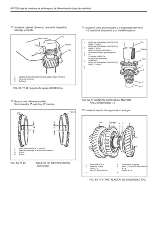 8A??20 caja de cambios, el embrague y la diferenciación (caja de cambios)
?? Instale el cojinete (derecha) usando el dispositivo
Montaje y martillo.
Uno
?? Instale el cubo sincronizador y el engranaje manºonul
1-2 usando el dispositivo y un martillo especial.
Febrero
Tres
1.
2.
3.
4.
5.
6.
7.
MONTAJE RULMENÞI DISPOSITIVO
09925 ?? 18010
MONTAJE RULMENÞI DISPOSITIVO
09940 ?? 53111
MANºON y Butuc TREATA1-2
Anillo sincronizador gradualmente 1-
La
1ª marcha PIÑÓN EN
El eje de accionamiento
TENIENDO
MONTAJE RULMENÞI DISPOSITIVO
09923 ?? 78210
Uno
Febrero
Tres
4
5
1.
2.
3.
MONTAJE DEL DISPOSITIVO RULMENÞI 09923 ?? 78210
Teniendo (derecha)
Subtrees
6
7
FIG. 8A ?? 44 conjunto de apoyo (DERECHA)
?? Ranura más diferentes anillos
Sincronizador 1ª marcha y 2ª marcha.
Uno Febrero
FIG. 8A ?? 46 INSTALACIÓN Butuc MANªON
PASO sincronizada 1-2
?? Instale el resorte de seguridad en su lugar.
Uno
La B
Febrero
Tres 4 5 6
1.
2.
A:
B:
Anillo sincronizador de 1ª marcha
Segundo engranaje de anillo sincronizador A
8.2mm
9.6mm
FIG. 8A ?? 45 ANILLOS DE IDENTIFICACIÓN
Sincronizar
1.
2.
3.
Etapa PIÑON 1-A
MANªON Y HUB
PASO 1-2
ARC DE SEGURIDAD
4.
5.
6.
Rodamiento de agujas
ANILLO DE PASO SINCRÓNICO
A 2-A
PIÑÓN A 2-A
FIG. 8A ?? 47 INSTALACIÓN DE SEGURIDAD ARC
 