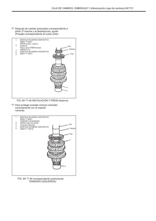 CAJA DE CAMBIOS, EMBRAGUE Y diferenciación (caja de cambios) 8A??21
?? Después de insertar (prensado) correspondiente a
piñón 3ª marcha y el distanþorului, ajuste
(Presaþi) correspondiente al cuarto piñón.
1.
2.
3.
4.
5.
MONTAJE RULMENÞI DISPOSITIVO
09925 ?? 98221
PIÑÓN tercero, cuarto y
Distancia
Poco a poco PIÑÓN tercero
PIÑÓN A 2-A
MONTAJE RULMENÞI DISPOSITIVO
09923 ?? 78210
Uno
Febrero
Tres
4
5
FIG. 8A ?? 48 INSTALACIÓN Y PIÑON distancia
?? Para proteger presaþii cónicos rulmenþii
correctamente con el soporte
rulmenþi.
1.
2.
3.
4.
5.
MONTAJE RULMENÞI DISPOSITIVO
09925 ?? 98221
TENIENDO (IZQUIERDA)
PIÑÓN cuarto de GEAR
Teniendo (derecha)
MONTAJE RULMENÞI DISPOSITIVO
(09923 ?? 78210)
Uno
Febrero
Tres
4
5
FIG. 8A ?? 49 correspondiente presionando
TENIENDO (IZQUIERDA)
 