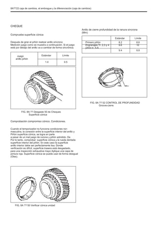 8A??22 caja de cambios, el embrague y la diferenciación (caja de cambios)
CHEQUE
Compruebe superficie cónica
Después de girar el piñón realizar anillo síncrono
Medición juego como se muestra a continuación. Si el juego
está por debajo del anillo va a cambiar de forma sincrónica.
Juego
anillo piñón
Estándar
1.0
Límite
0.5
Anillo de cierre profundidad de la ranura síncrona
(Mm)
Estándar
Primero piñón
Engranajes Tr. 2,3 y 4
piñón tr. 5-A
8.2
9.6
9.4
Límite
8.6
10
9.8
FIG. 8A ?? 52 CONTROL DE PROFUNDIDAD
Groove-cierre
FIG. 8A ?? Desgaste 50 de Cheques
Superficie cónica
Comprobación compromiso cónico. Condiciones.
Cuando el temporizador no funciona condiciones nor-
masculina, la conexión entre la superficie interior del anillo y
Piñón superficie cónica, se logra en parte
a pesar de un mal juego de corona y piñón admitido. De
Por lo tanto, comprobar: superficie cónica y la rueda dentada
superficie interior del piñón. En este caso la superficie
anillo interior debe ser perfectamente lisa. Donde
verificación es difícil, superficie trasera está desgastado,
para una inspección exhaustiva mayo Aplique una capa de
pintura roja. Superficie cónica se puede usar de forma desigual
(Olas).
FIG. 8A ?? 50 Verificar cónica unidad
 