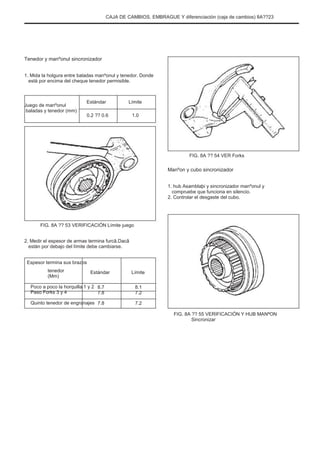 CAJA DE CAMBIOS, EMBRAGUE Y diferenciación (caja de cambios) 8A??23
Tenedor y manºonul sincronizador
1. Mida la holgura entre baladas manºonul y tenedor. Donde
está por encima del cheque tenedor permisible.
Estándar
0.2 ?? 0.6
Límite
1.0
Juego de manºonul
baladas y tenedor (mm)
FIG. 8A ?? 54 VER Forks
Manºon y cubo sincronizador
1. hub Asamblaþi y sincronizador manºonul y
compruebe que funciona en silencio.
2. Controlar el desgaste del cubo.
FIG. 8A ?? 53 VERIFICACIÓN Límite juego
2. Medir el espesor de armas termina furcã.Dacã
están por debajo del límite debe cambiarse.
Espesor termina sus brazos
tenedor
(Mm)
Poco a poco la horquilla 1 y 2
Paso Forks 3 y 4
Quinto tenedor de engranajes
Estándar
8.7
7.8
7.8
Límite
8.1
7.2
7.2
FIG. 8A ?? 55 VERIFICACIÓN Y HUB MANªON
Sincronizar
 
