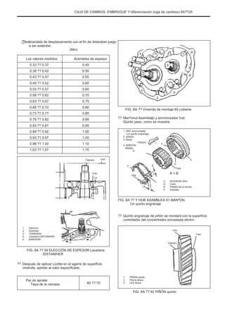 CAJA DE CAMBIOS, EMBRAGUE Y diferenciación (caja de cambios) 8A??25
TresArandela de desplazamiento con el fin de distanþier juego
a ser estándar.
(Mm)
Los valores medidos
0.33 ?? 0.37
0.38 ?? 0.42
0.43 ?? 0.47
0.48 ?? 0.52
0.53 ?? 0.57
0.58 ?? 0.62
0.63 ?? 0.67
0.68 ?? 0.72
0.73 ?? 0.77
0.78 ?? 0.82
0.83 ?? 0.87
0.88 ?? 0.92
0.93 ?? 0.97
0.98 ?? 1.02
1.03 ?? 1.07
Arandelas de espesor
0.45
0.50
0.55
0.60
0.65
0.70
0.75
0.80
0.85
0.90
0.95
1.00
1.05
1.10
1.15
Febrero Uno
C
Tres
La
Uno
C:
D:
E:
F:
B
E
Tres
FIG. 8A ?? Vivienda de montaje 60 cubierta
?? Manºonul Asamblaþi y sincronizador hub
Quinto paso, como se muestra.
1. ARC sincronizado
Un quinto engranaje
2. píldora
3. Butuc
Febrero
4. MANºON
Balada
D
F
4
A = B
La
INTERIOR ARC
Cubo
Pestillo de la ranura
Estriado
4
FIG. 8A ?? Y HUB ASAMBLEA 61 MANªON
Un quinto engranaje
?? Quinto engranaje de piñón se montará con la superficie
controlador del concentrador procesada dentro.
Uno
Tres
1.
2.
3.
4.
5.
Derecho
Subtrees
TENIENDO
Lavadora DISTANÞIER
BANDERA
5 Febrero
FIG. 8A ?? 59 ELECCIÓN DE ESPESOR Lavadora
DISTANÞIER
?? Después de aplicar Loctite en el agarre de superficie
vivienda, apretar al valor especificado.
Par de apriete
Tapa de la carcasa
1.
2.
3.
PIÑÓN quinto
Plomo Butuc
LED Butuc
60 ?? 70
FIG. 8A ?? 62 PIÑÓN quinto
 
