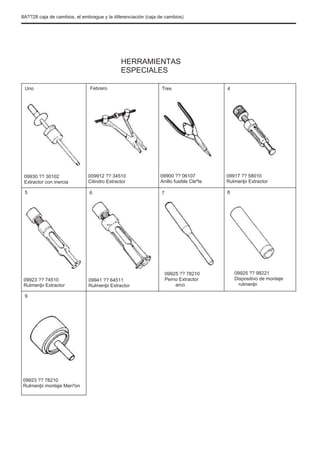 8A??28 caja de cambios, el embrague y la diferenciación (caja de cambios)
HERRAMIENTAS
ESPECIALES
Uno Febrero Tres 4
09930 ?? 30102
Extractor con inercia
5
009912 ?? 34510
Cilindro Extractor
6
09900 ?? 06107
Anillo fusible Cleºte
7
09917 ?? 58010
Rulmenþi Extractor
8
09923 ?? 74510
Rulmenþi Extractor
9
09941 ?? 64511
Rulmenþi Extractor
09925 ?? 78210
Perno Extractor
arco
09925 ?? 98221
Dispositivo de montaje
rulmenþi
09923 ?? 78210
Rulmenþi montaje Manºon
 