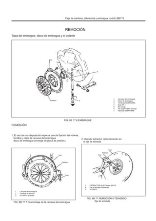 Caja de cambios, diferencial y embrague (clutch) 8B??5
REMOCIÓN
Tapa del embrague, disco de embrague y el volante
Uno
Tres
4
7
6
Febrero 5
1.
2.
3.
4.
5.
6.
7.
Carcasa del embrague
Disco de embrague
Teniendo DEBRAIERE
Buje NR.1
NO.2 buje
AX DEBRAIERE tenedor
Palanca DEBRAIERE
FIG. 8B ?? 6 EMBRAGUE
REMOCIÓN
1. El uso de una disposición especial para la fijación del volante,
tornillos y retire la carcasa del embrague
disco de embrague (montaje de placa de presión).
2. Usando extractor, retire teniendo en
el eje de entrada.
Tres
Uno
Febrero
Uno
Febrero
Tres
1.
2.
3.
Carcasa del embrague
Tornillos de fijación
VOLANTE sujeción
1.
2.
3.
EXTRACTOR 09.817 hasta 58.010
Eje de entrada Rulmentul
VOLANTE
FIG. 8B ?? 7 Desmontaje de la carcasa del embrague
FIG. 8B ?? REMOCIÓN 8 TENIENDO
Eje de entrada
 